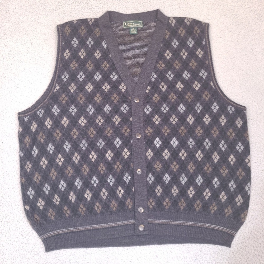 Vintage Croft & Barrow Sweater Vest Wool Blend Men XL Gray Argyle Cardigan Italy